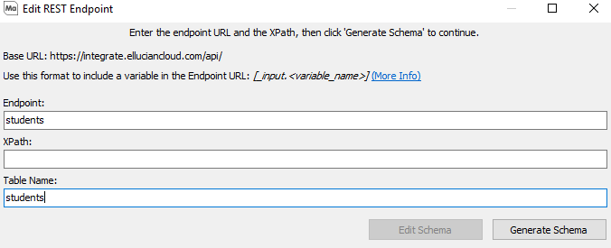 Edit REST Endpoint dialog with Endpoint, XPath, and Table Name fields.  The base URL is shown at the top.  In this example, the base URL is "https://earthquake.usgs.gov/fdsnws/event/1/", and the endpoint is "query".